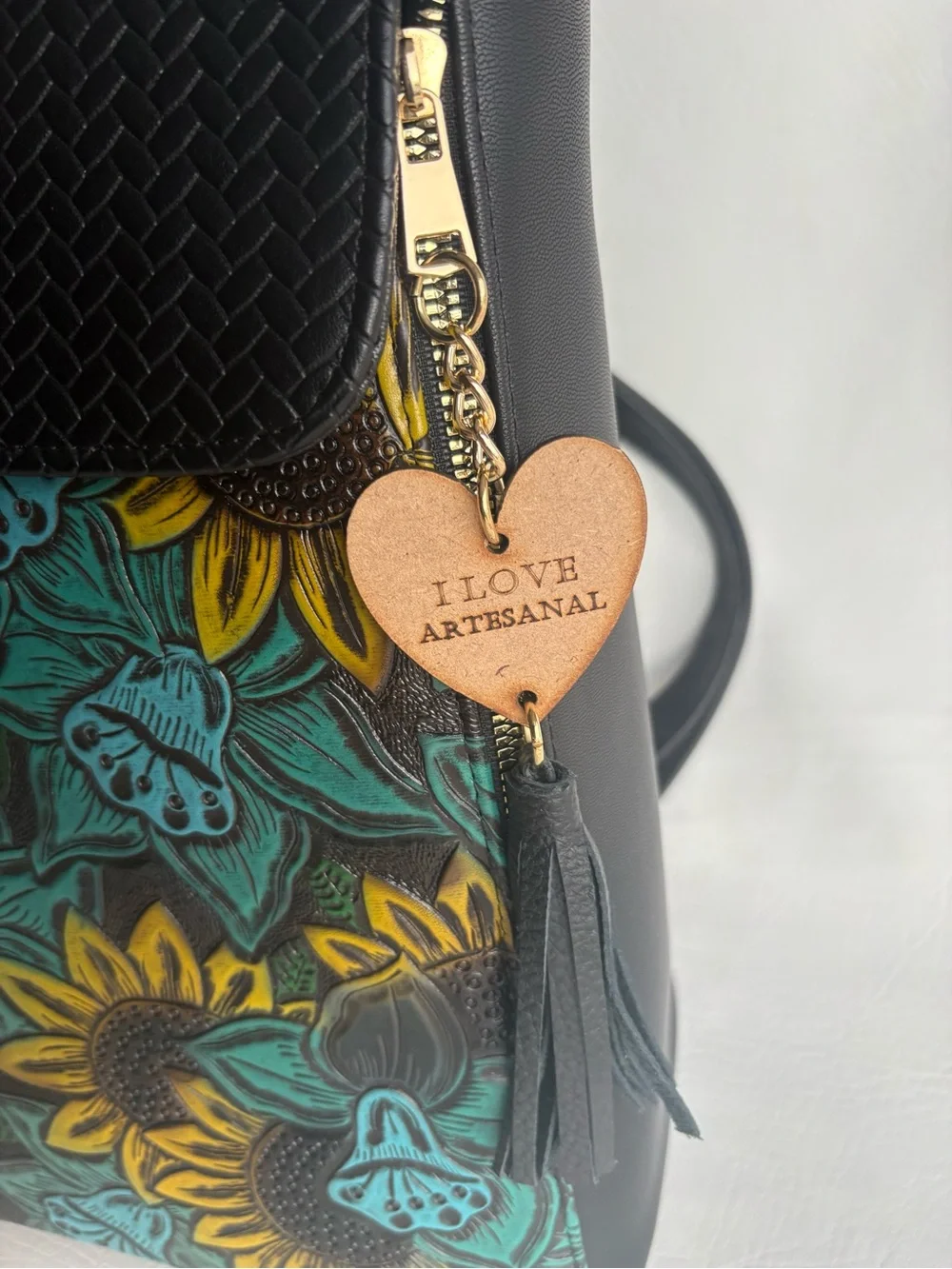 Handpainted Floral Sunflower Vegan Leather Backpack - Black & Teal